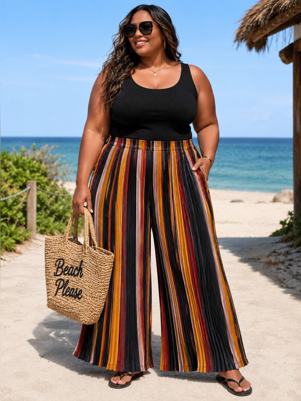 Pleated Wide Leg Pants | Size 3X | Multicolor Stripe